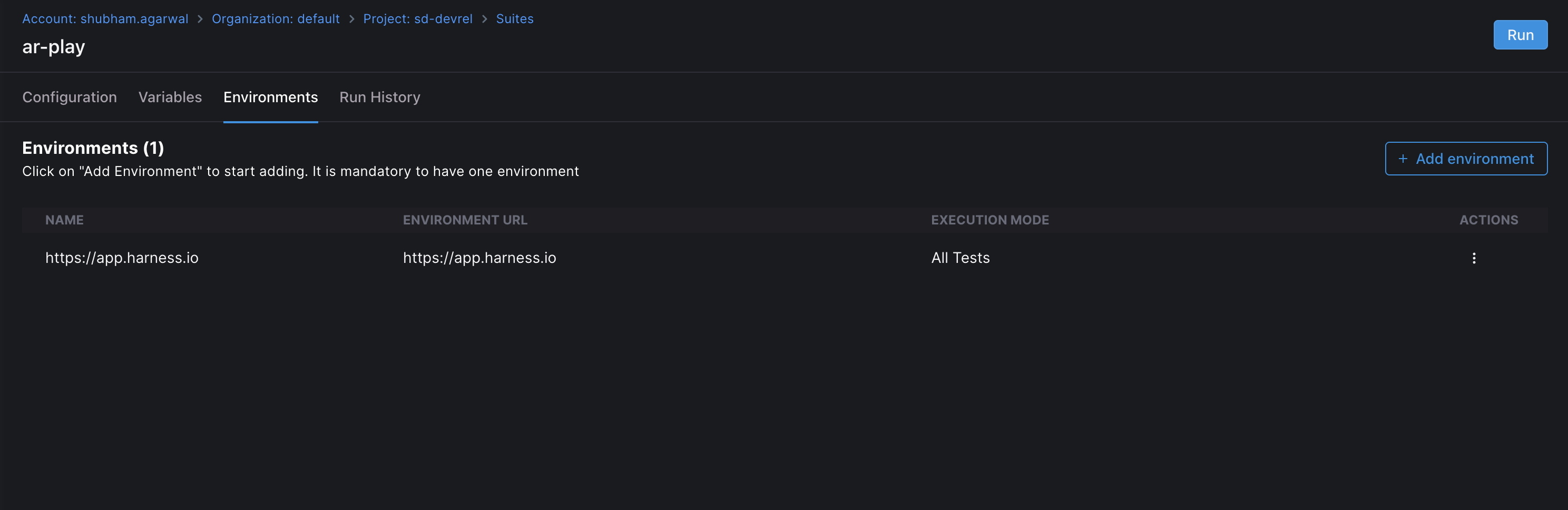 Playwright suite Environments tab listing one environment row with name, URL, execution mode All Tests, and an actions menu