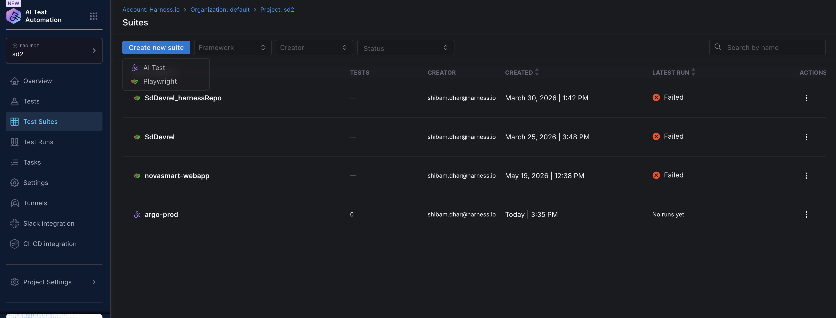Test Suites page with the Create new suite dropdown expanded showing AI Test and Playwright options